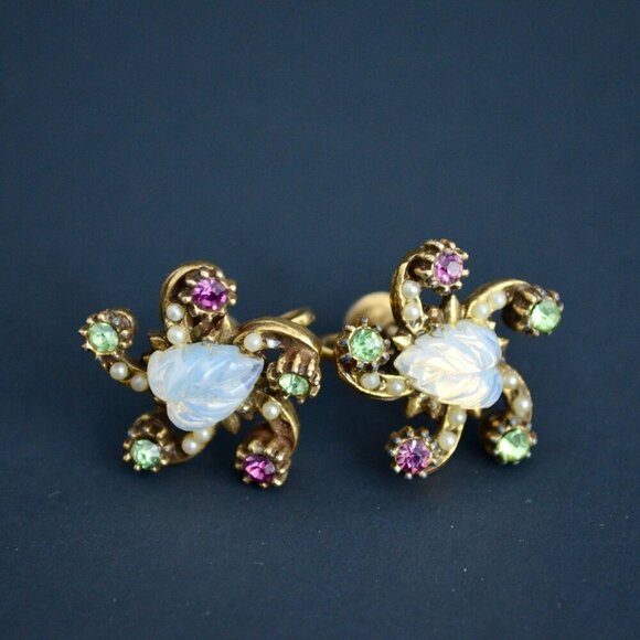 Jewelry - Vintage Colorful Rhinestone Gold Toned Screw Back Earrings